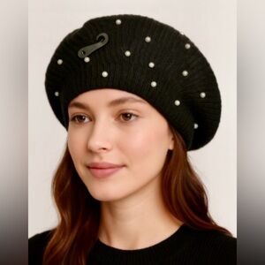Winter Hat Knitted Womens French Beret Black With Faux Pearls Acrylic Blend NWOT